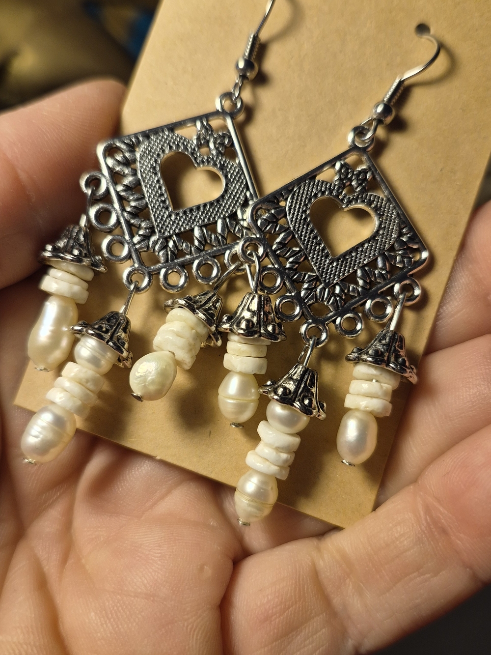 Hand Made Silver-toned Filigree Heart Dangle Earrings with True Pearls & pooka - Picture 2 of 2